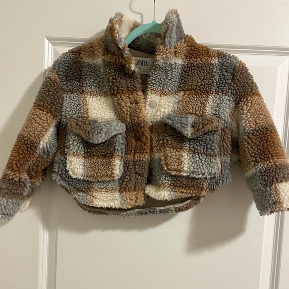 Zara kids Plaid shearling Cropped Jacket Size 6/7 - Picture 3 of 11